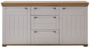 Frontale Ansicht eines modernen Sideboards mit weißen Türen und Schubladen, akzentuiert durch eine Holzplatte und Holzdetails.