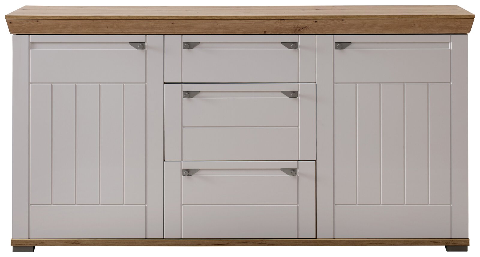 Frontale Ansicht eines modernen Sideboards mit weißen Türen und Schubladen, akzentuiert durch eine Holzplatte und Holzdetails.
