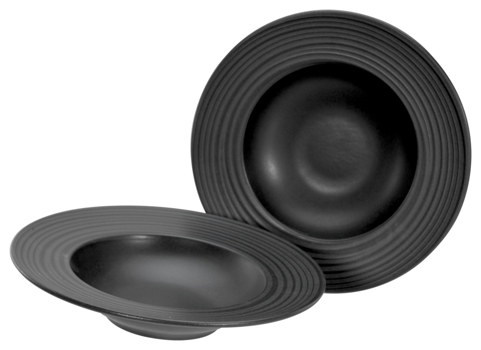 Creatable Pastateller 2-tlg LAVA STONE Zwei schwarze, runde Schalen/Teller mit gerilltem Rand, eine stehend in Frontalansicht und eine liegend in leichter Schrägansicht von oben auf weißem Hintergrund.