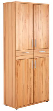 Schuhschrank aus Holz mit vier Türen und silbernen Griffen, seitliche Perspektive