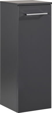 Schwarzer Midischrank mit einer Tür und silbernem Griff, seitliche Perspektive