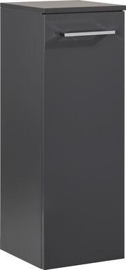 Schwarzer Midischrank mit einer Tür und silbernem Griff, seitliche Perspektive