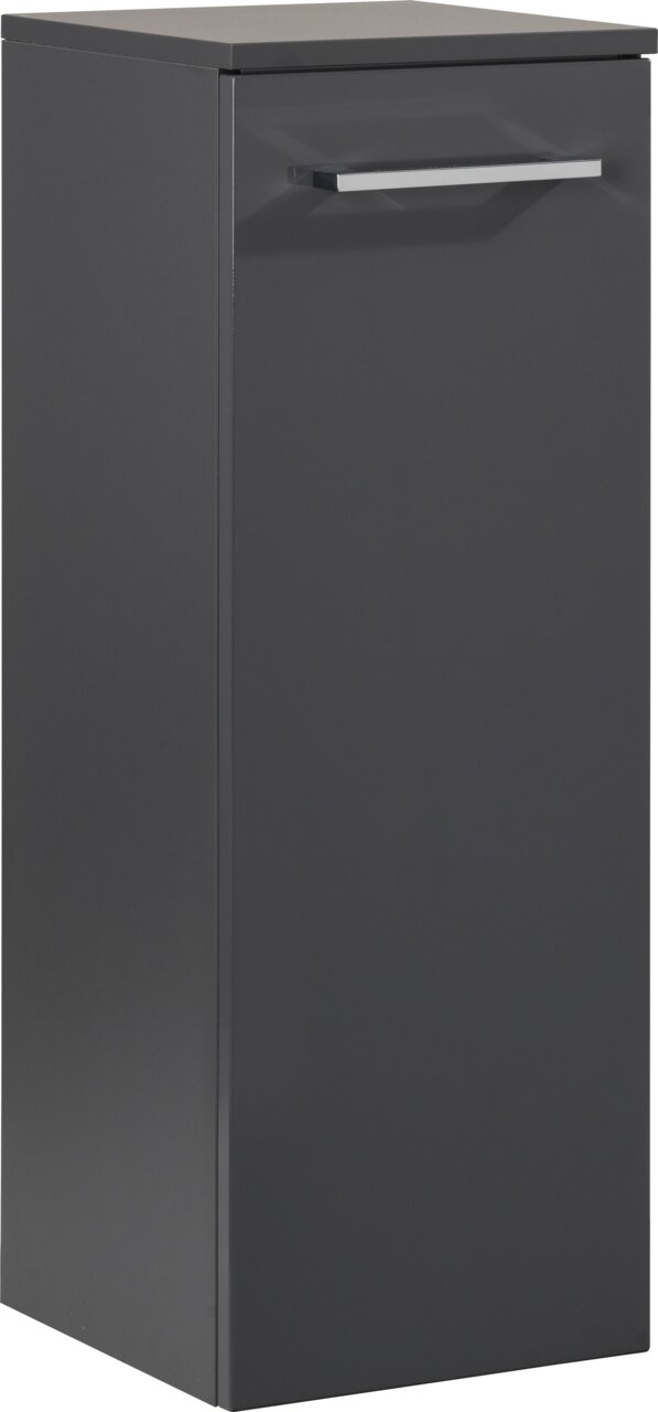 Schwarzer Midischrank mit einer Tür und silbernem Griff, seitliche Perspektive