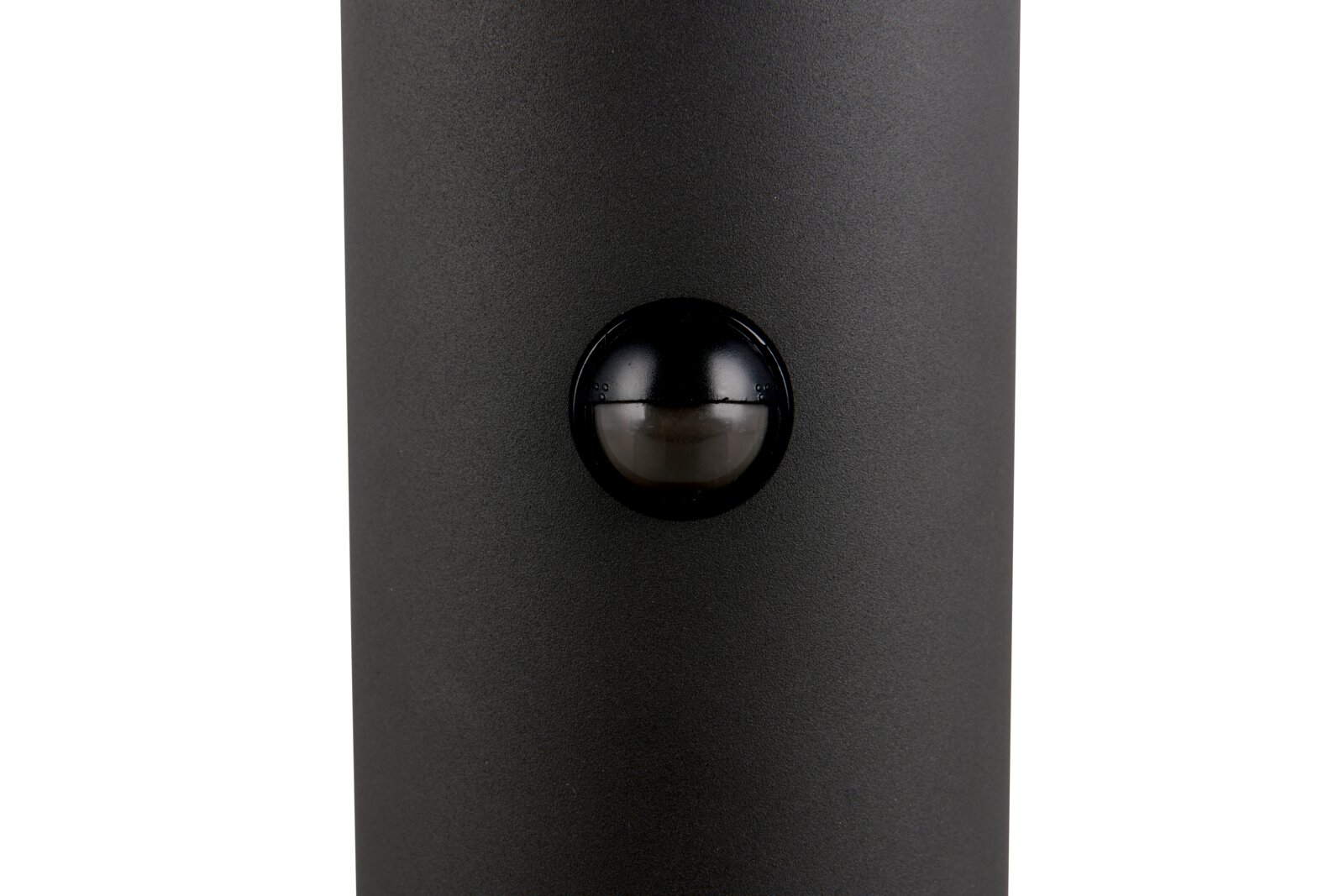 Close-up van een LED-buitenvloerlamp met zwarte behuizing en ingebouwde sensor.