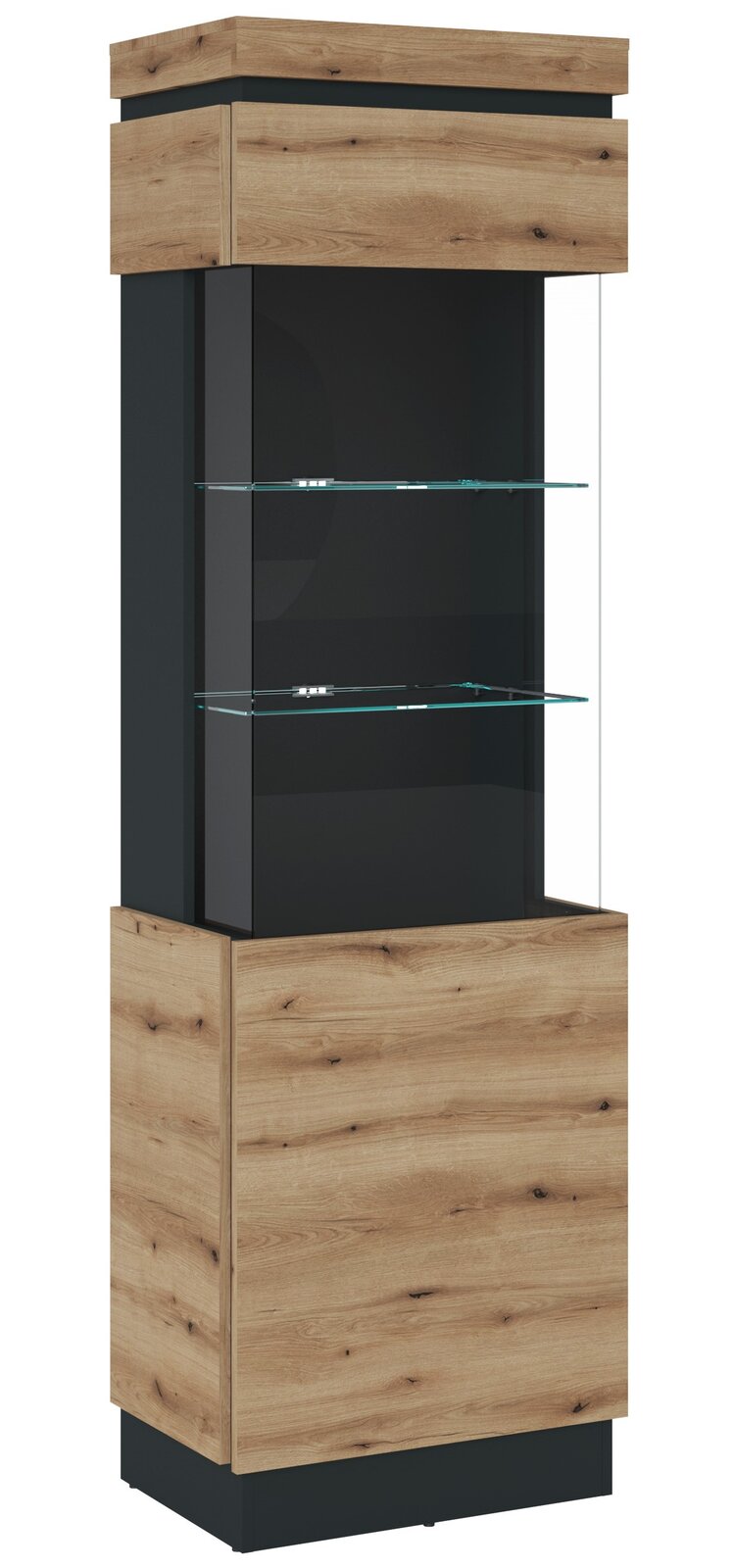 Z2 Vitrine Corte Moderne Vitrine mit Holzoptik und Glaselementen, frontal betrachtet.