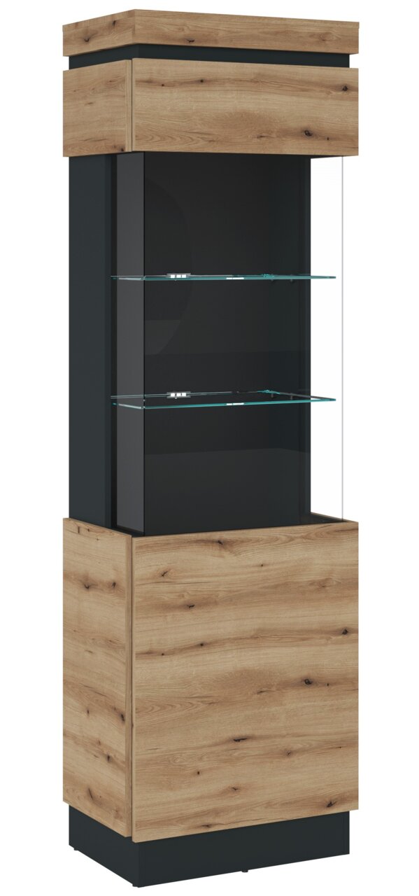 Moderne vitrinekast met houtlook en glazen elementen, gezien vanaf de voorkant.