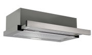 Ausziehbare Unterbau-Dunstabzugshaube aus Edelstahl mit Metallfettfilter und integrierter Beleuchtung, schräg von unten in Frontansicht fotografiert