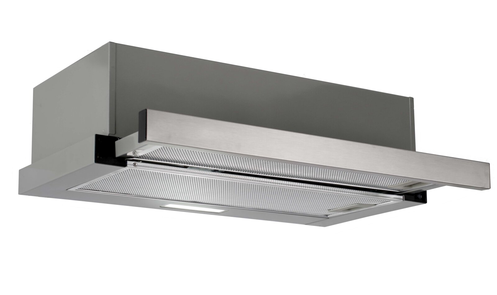 Ausziehbare Unterbau-Dunstabzugshaube aus Edelstahl mit Metallfettfilter und integrierter Beleuchtung, schräg von unten in Frontansicht fotografiert