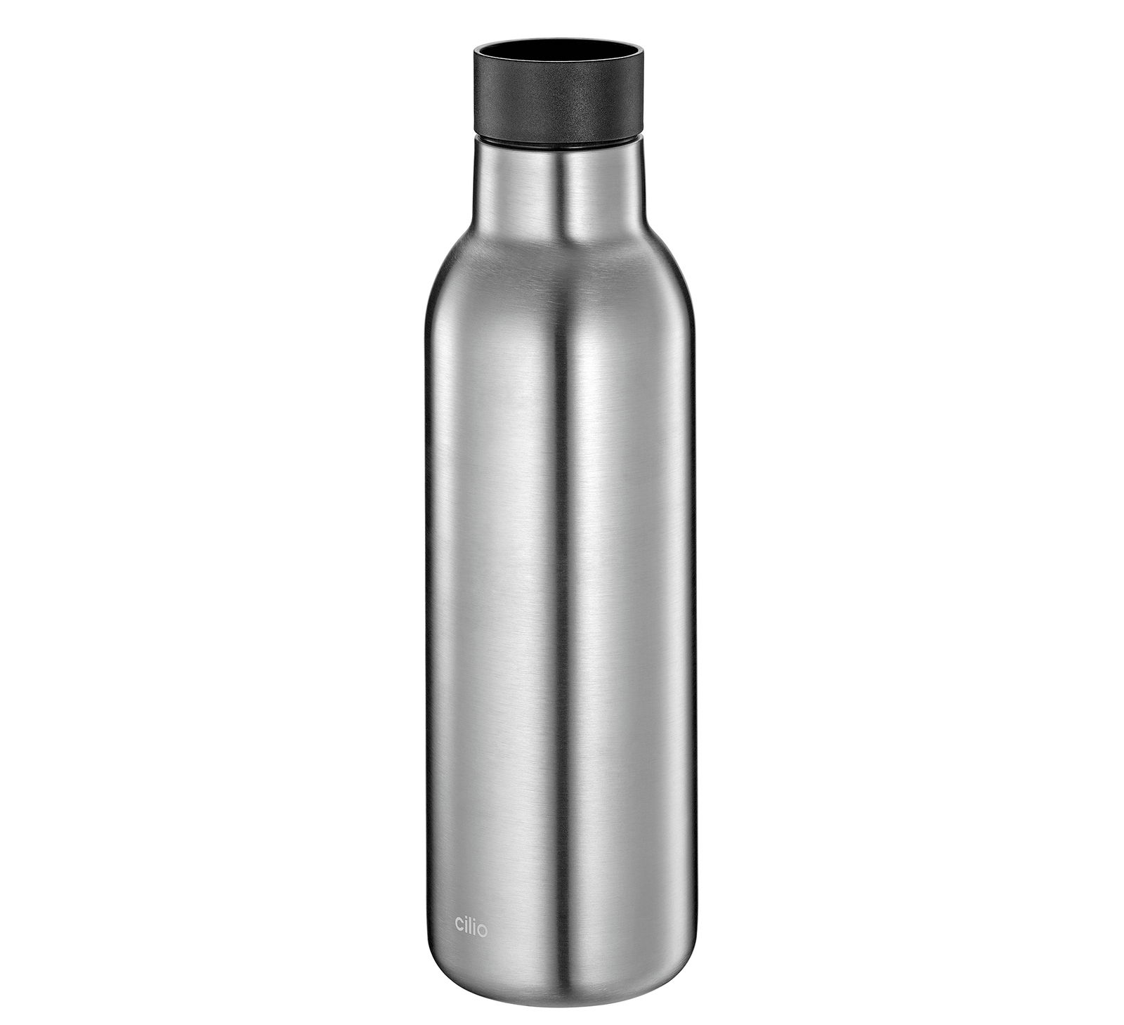 Silberne Isoliertrinkflasche mit schwarzem Deckel, frontale Ansicht