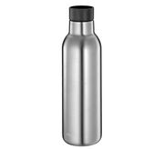 Silberne Isoliertrinkflasche mit schwarzem Deckel, frontale Ansicht