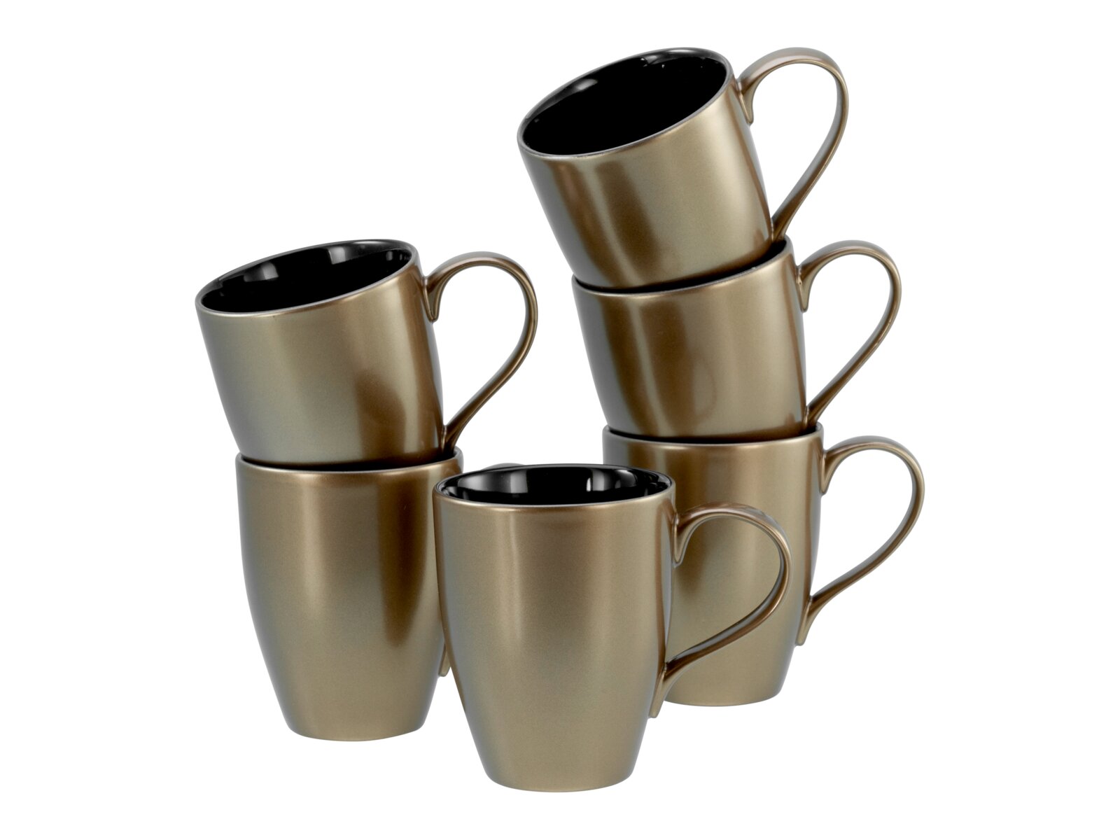 Creatable Kaffeebecher 6-tlg GOLDEN DAYS Fünf goldfarbene Kaffeebecher mit schwarzer Innenseite, teils gestapelt, freigestellt auf weißem Hintergrund, fotografiert in leicht schräger Vorderansicht