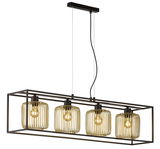 Moderne Pendelleuchte Caydo mit vier goldenen Lampenschirmen in rechteckigem Rahmen, seitliche Perspektive