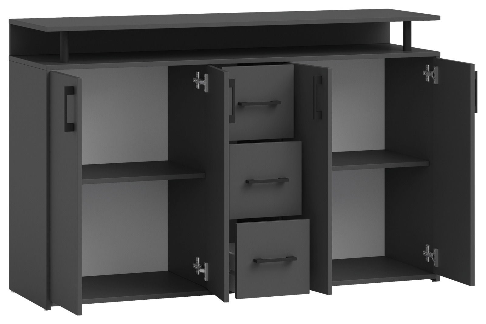 Schwarzes Sideboard mit offenen Türen und Schubladen, Frontansicht