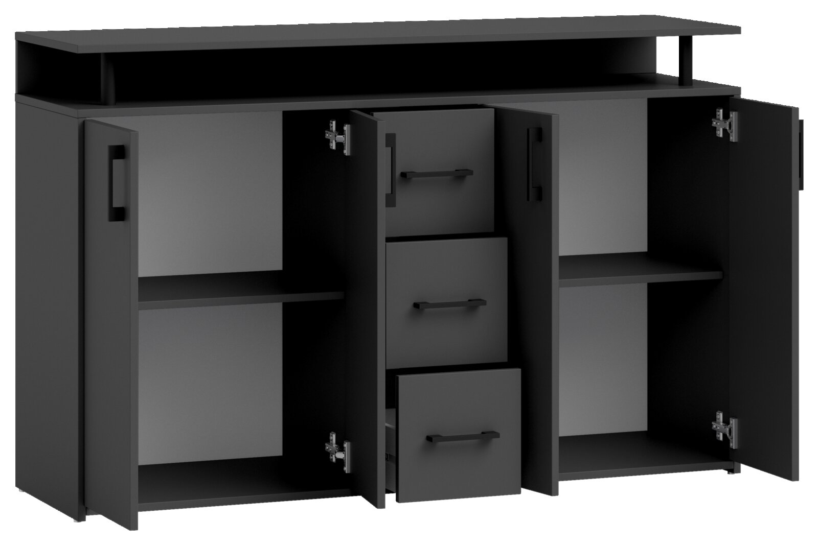 Zwart dressoir met open deuren en lades, vooraanzicht