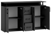 Schwarzes Sideboard mit offenen Türen und Schubladen, Frontansicht