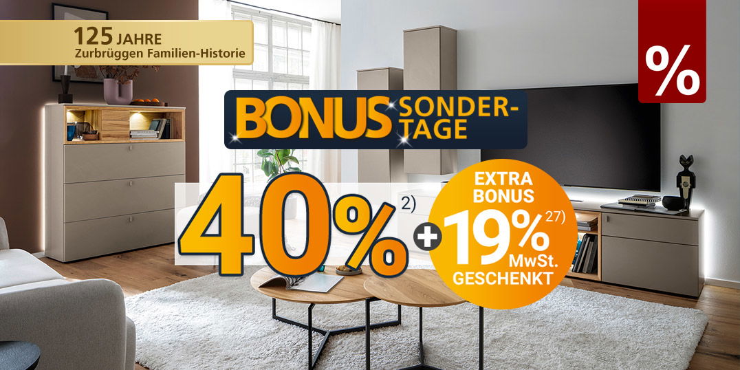 Helles Wohnzimmer mit modernen Möbeln, Aktion: 40 % Rabatt + 19 % MwSt. geschenkt bei den Zurbrüggen Bonus-Sondertagen