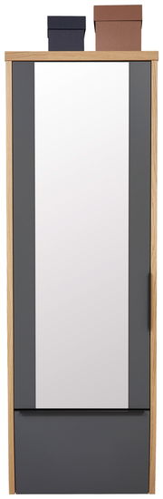 Frontansicht eines Hänge-Spiegelgarderobenschranks mit Holzrahmen und zwei Aufbewahrungsboxen oben.