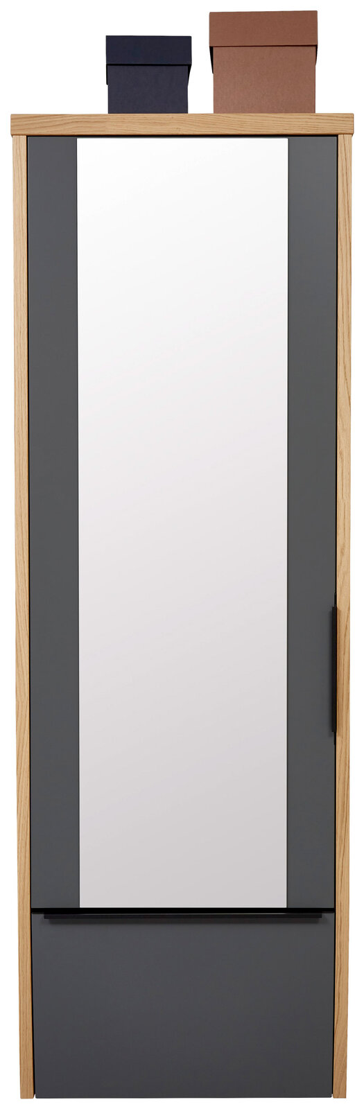 Frontansicht eines Hänge-Spiegelgarderobenschranks mit Holzrahmen und zwei Aufbewahrungsboxen oben.