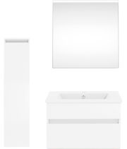 Moderne Badkombination aus der Serie NEXT4YOU von Puris, bestehend aus einem großen Spiegel, einem Waschbeckenunterschrank und einem hohen Seitenschrank, frontal abgebildet.