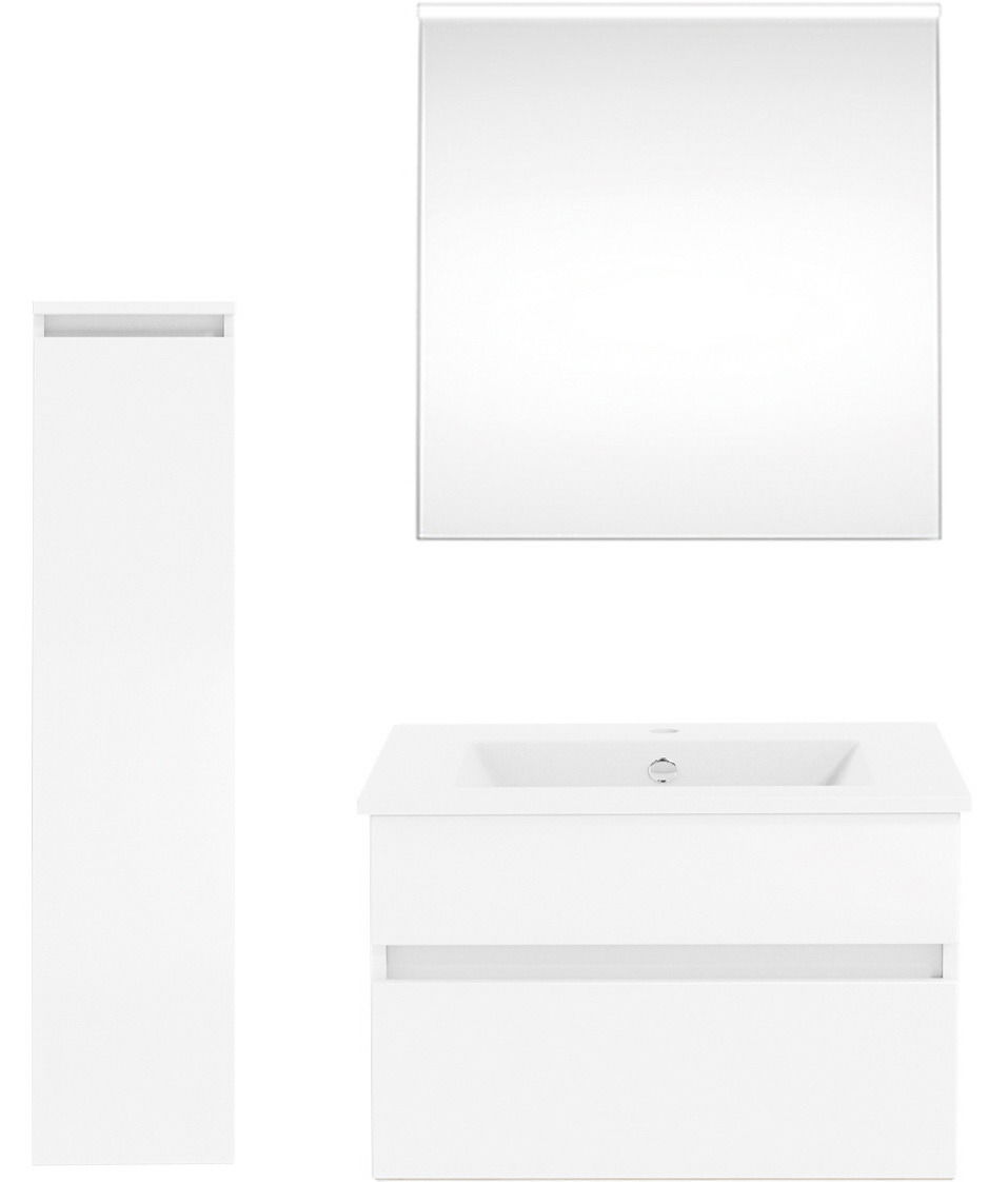 Moderne Badkombination aus der Serie NEXT4YOU von Puris, bestehend aus einem großen Spiegel, einem Waschbeckenunterschrank und einem hohen Seitenschrank, frontal abgebildet.