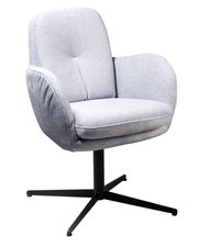 Grauer Drehstuhl mit gepolstertem Sitz und Rückenlehne, seitliche Perspektive