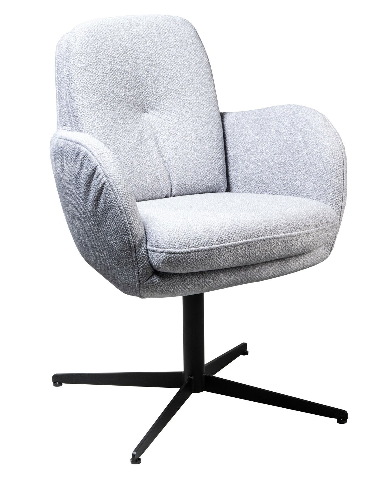 Grauer Drehstuhl mit gepolstertem Sitz und Rückenlehne, seitliche Perspektive