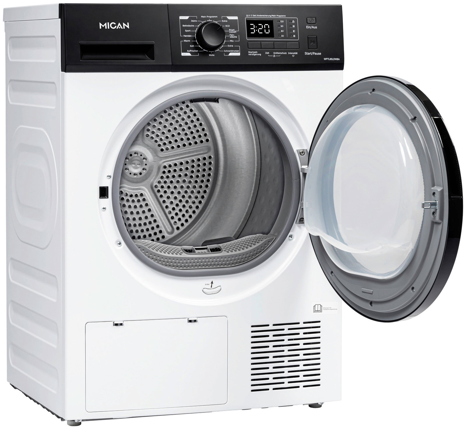 Mican Stand-Wärmepumpentrockner WPTL85LDWBA Weißer Stand-Wärmepumpentrockner mit geöffneter Tür, seitliche Perspektive