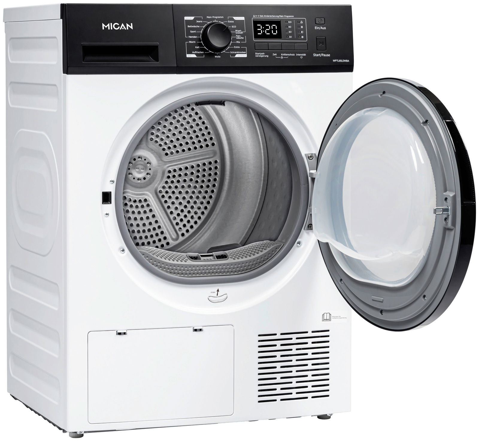 Weißer Stand-Wärmepumpentrockner mit geöffneter Tür, seitliche Perspektive