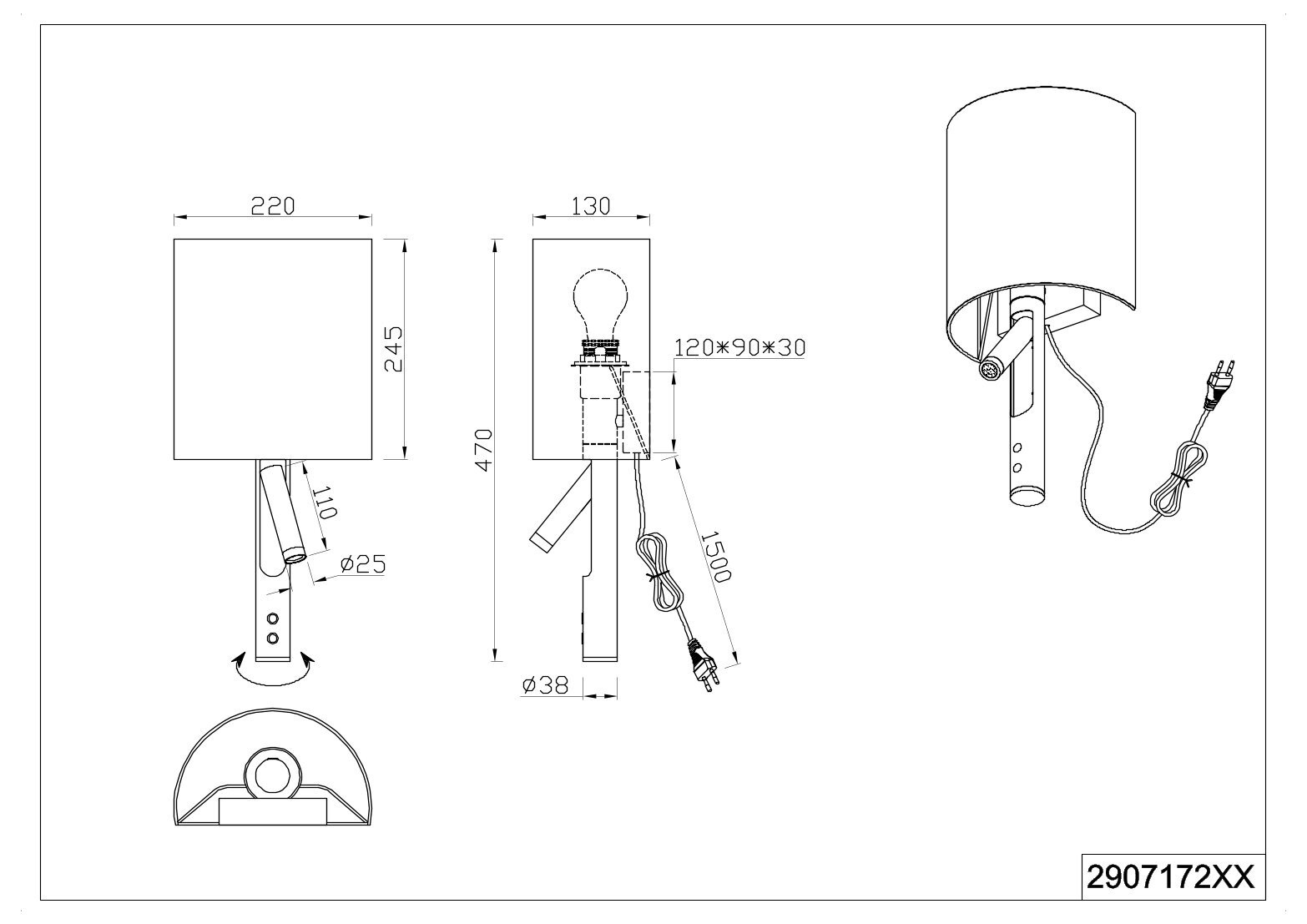 Technische Strichzeichnung einer Wandlampe mit zylindrischem Schirm, schwenkbarem Arm und Kabel mit Stecker, dargestellt in Vorder-, Seiten- und Unteransicht mit Maßangaben (Perspektive: technische Mehransicht).