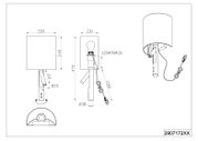 Technische Strichzeichnung einer Wandlampe mit zylindrischem Schirm, schwenkbarem Arm und Kabel mit Stecker, dargestellt in Vorder-, Seiten- und Unteransicht mit Maßangaben (Perspektive: technische Mehransicht).