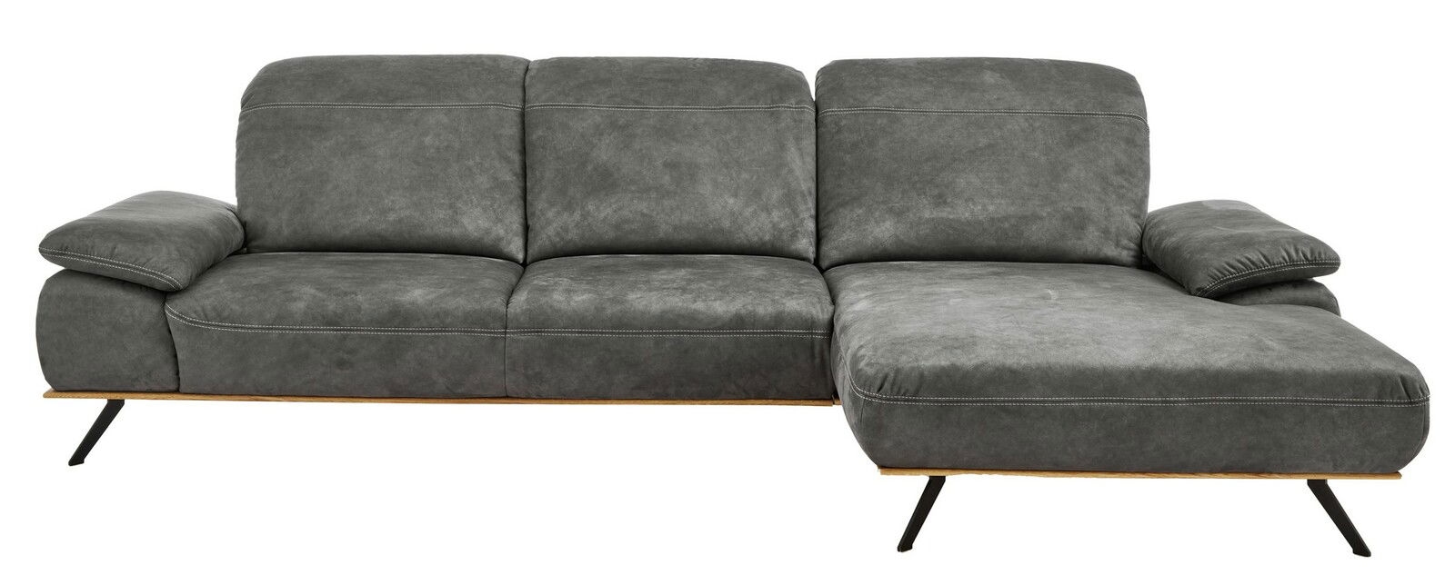 Graues Longchair-Sofa mit modernem Design, von vorne betrachtet.