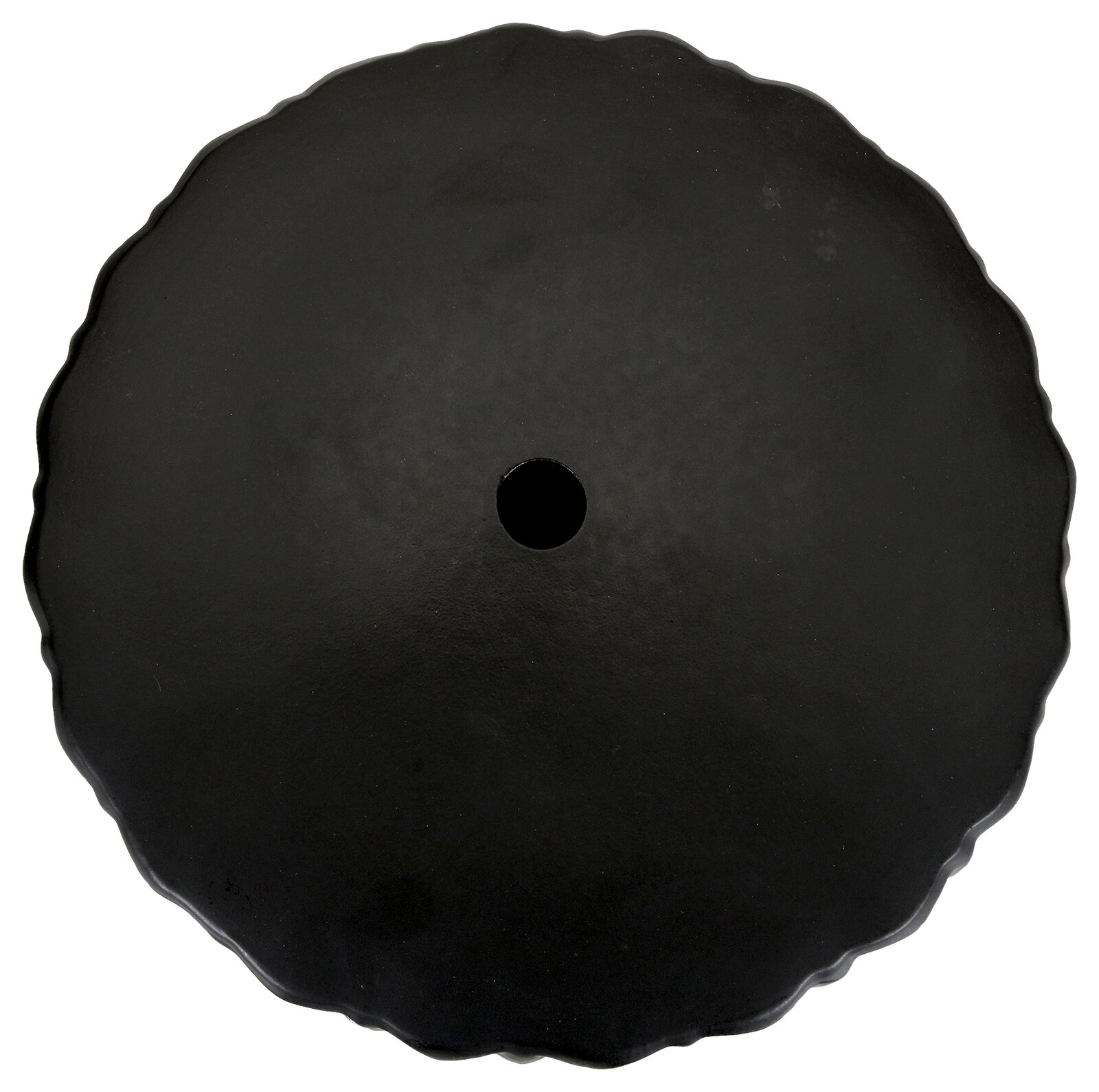 Schwarze runde Scheibe mit gewelltem Rand und mittigem Loch, Draufsicht (Top-Down) auf weißem Hintergrund