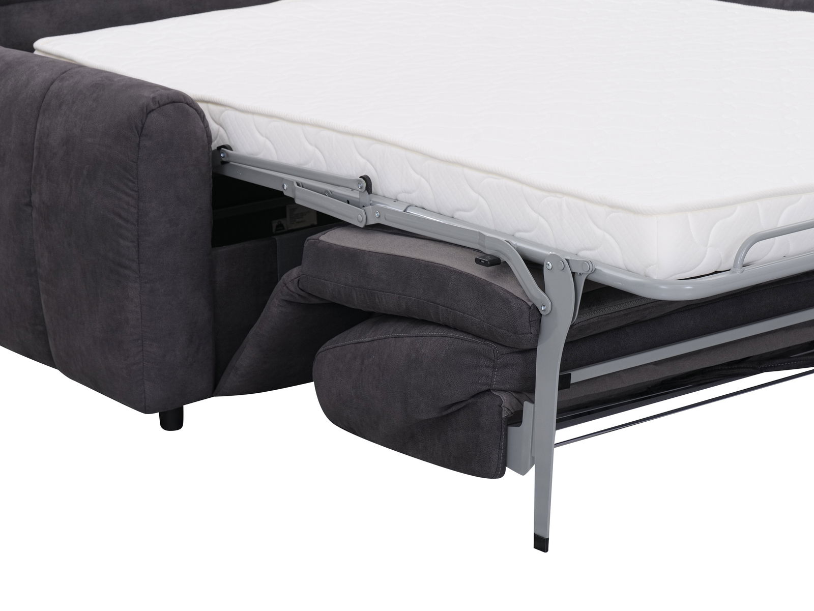 Seitenansicht eines ausgeklappten Funktionssofas mit weißer Matratze und grauem Stoffbezug.