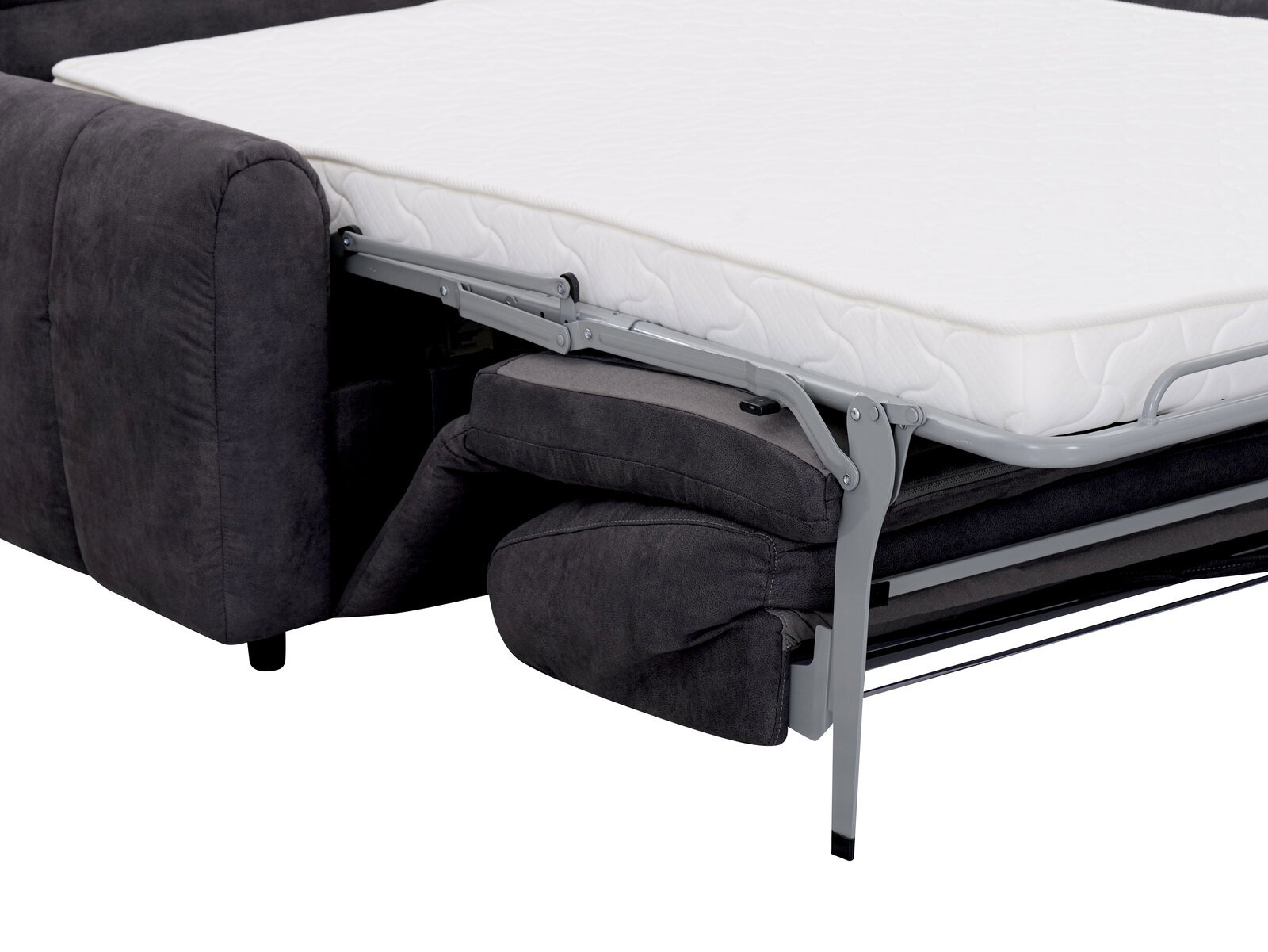 Seitenansicht eines ausgeklappten Funktionssofas mit weißer Matratze und grauem Stoffbezug.