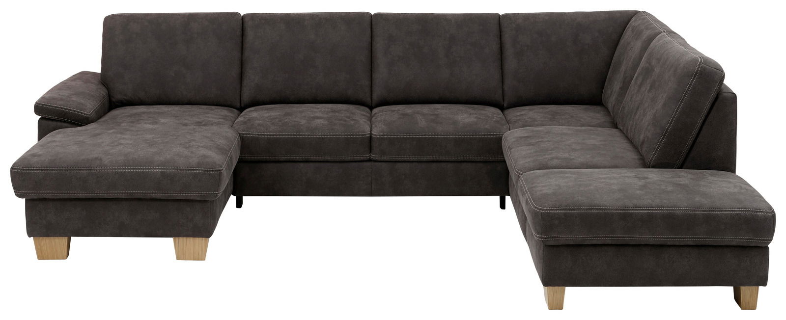 Dunkelgraue Polsterrundecke in L-Form mit Holzfüßen, Vorderansicht