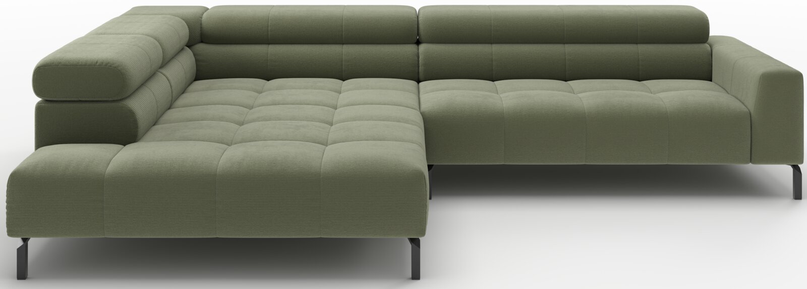 Olijfgroene L-vormige hoekbank met chaise longue links, gecapitonneerde zittingen, brede armleuningen en zwarte metalen poten, getoond in schuin vooraanzicht