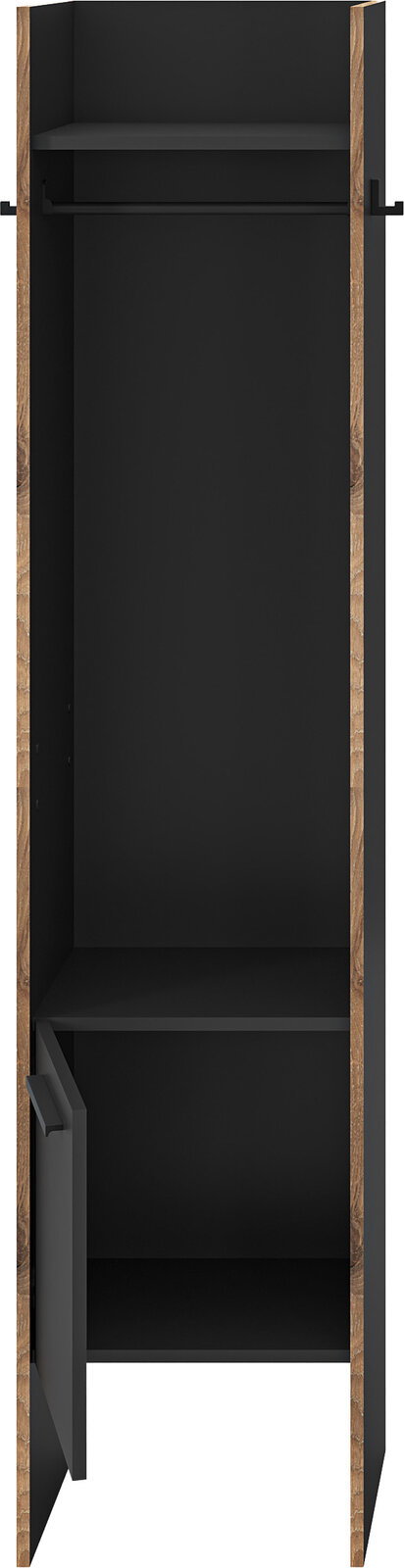 Hoher, schmaler Schrank in Schwarz mit Holzseiten, offener oberer Ablage und geöffneter Tür unten, Frontansicht