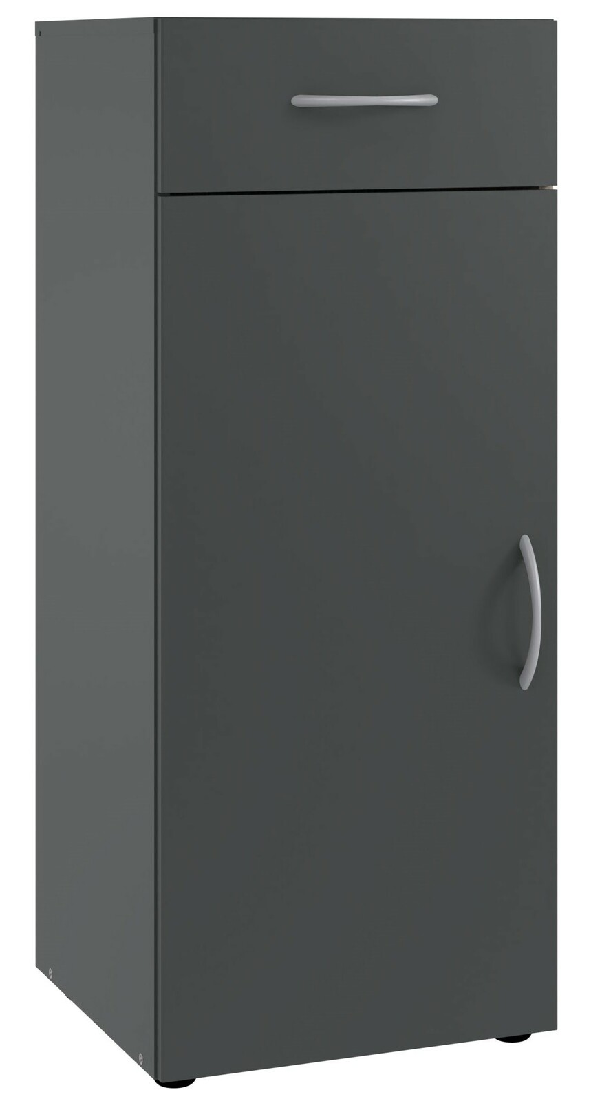 Graue Kommode mit einer Schublade und einer Tür, Frontansicht