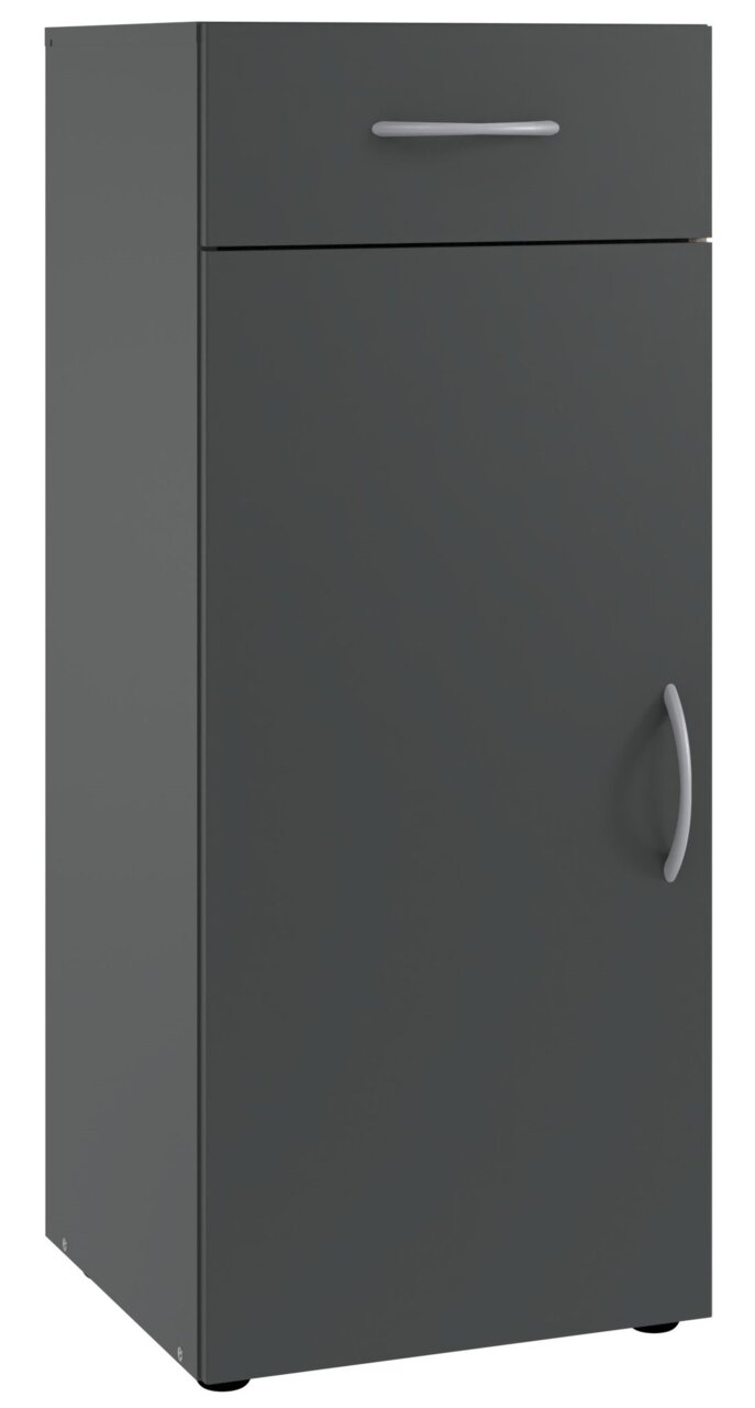 Graue Kommode mit einer Schublade und einer Tür, Frontansicht