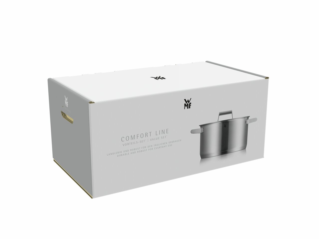 De verpakking van de 5-delige pannenset Comfort Line van WMF, schuin van voren gefotografeerd.