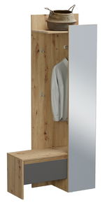 Kompaktgarderobe TORINO aus Holz mit Spiegel, Kleiderhaken und Sitzbank, seitliche Perspektive