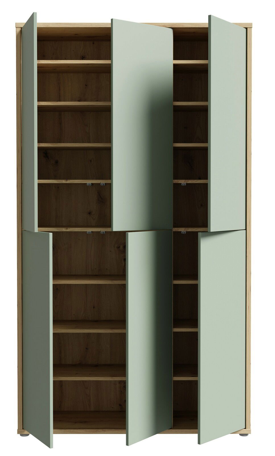 Großer, hochformatiger Schuhschrank mit sechs offenen Türen, die einen Blick auf die zahlreichen Regalböden im Inneren ermöglichen. Die Türen sind in einem sanften Grünton gehalten, während das Innere aus Holz besteht. Frontalansicht.