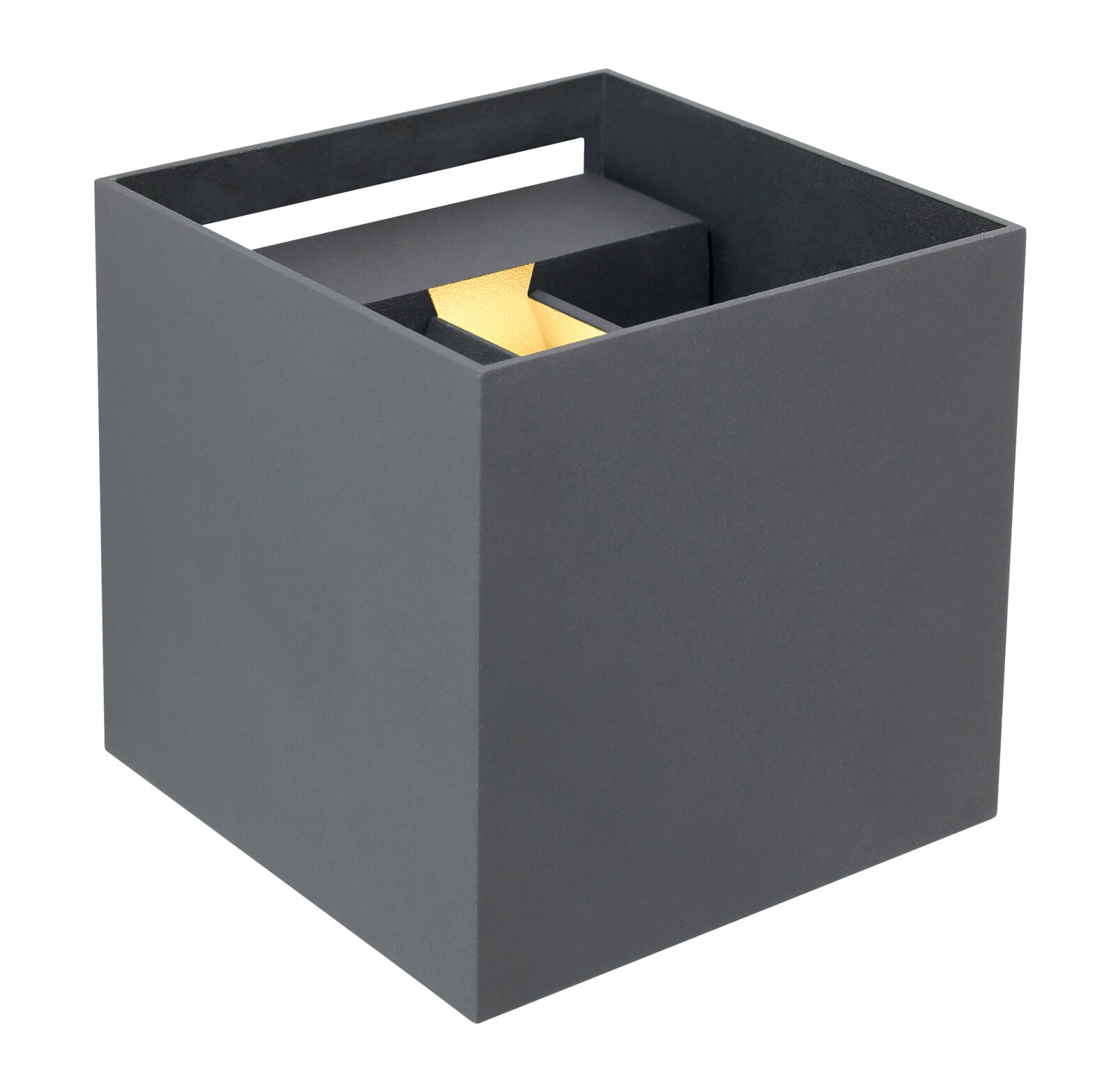 Moderne, kubische Außenleuchte in dunklem Grau, perspektivisch von oben fotografiert.