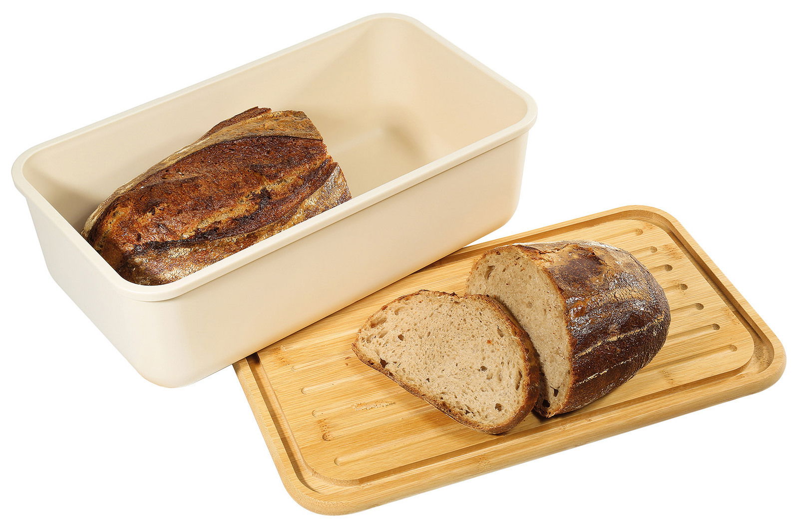 Brotkasten LOFT 40x23cm in Creme mit einem Laib Brot und geschnittenen Brotscheiben auf einem Holzdeckel, aus der Vogelperspektive.