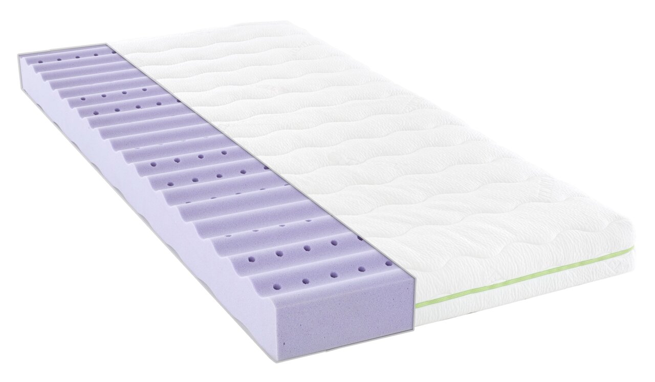 Querschnitt einer Jugendmatratze 90x200 cm mit lila Schaumstoffkern und weißem Bezug, perspektivisch von der Seite gezeigt.