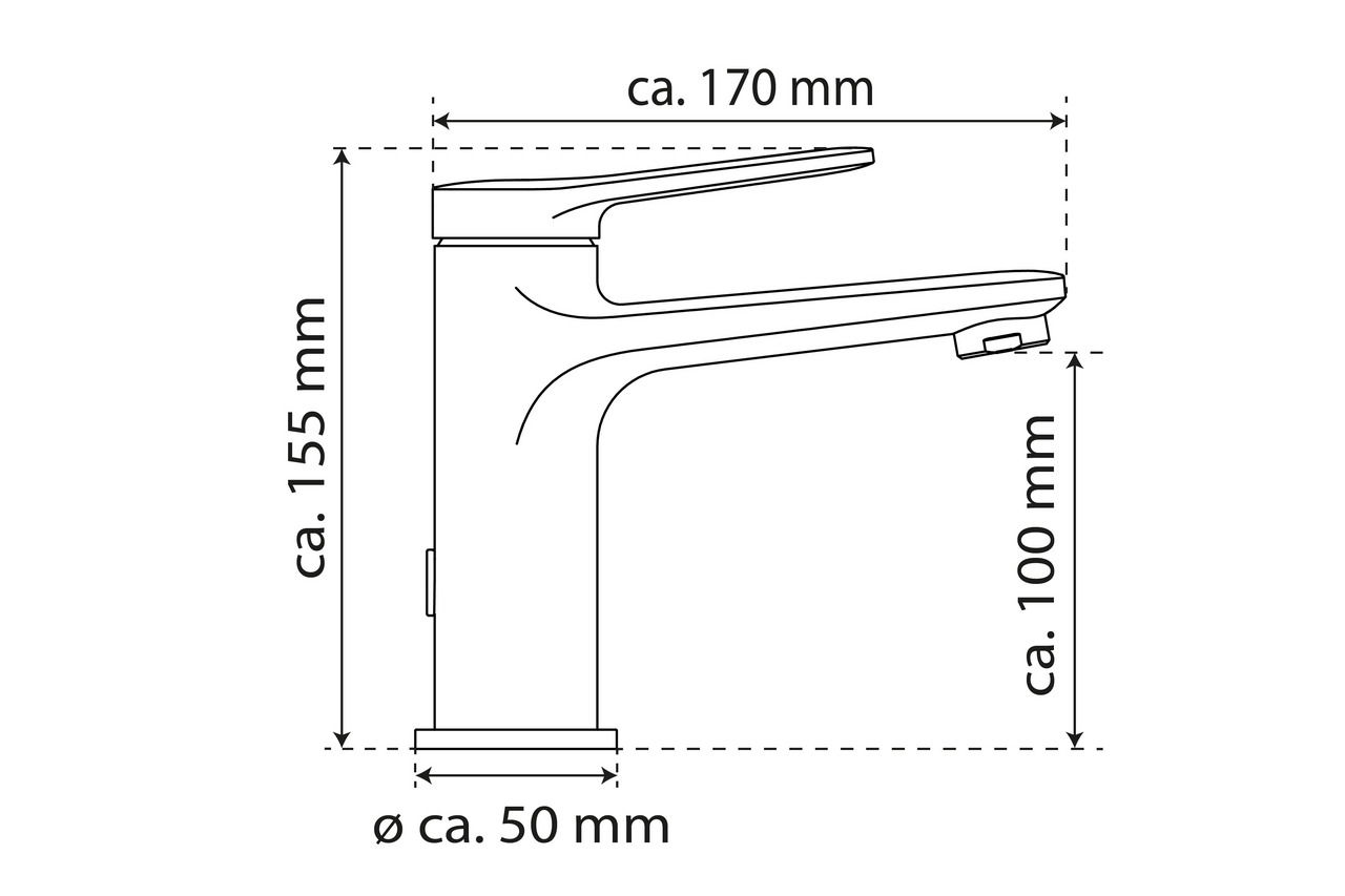 Seitenansicht einer Waschtischarmatur mit den Maßen: Höhe ca. 155 mm, Ausladung ca. 170 mm, Auslaufhöhe ca. 100 mm, Sockeldurchmesser ca. 50 mm.