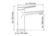 Seitenansicht einer Waschtischarmatur mit den Maßen: Höhe ca. 155 mm, Ausladung ca. 170 mm, Auslaufhöhe ca. 100 mm, Sockeldurchmesser ca. 50 mm.