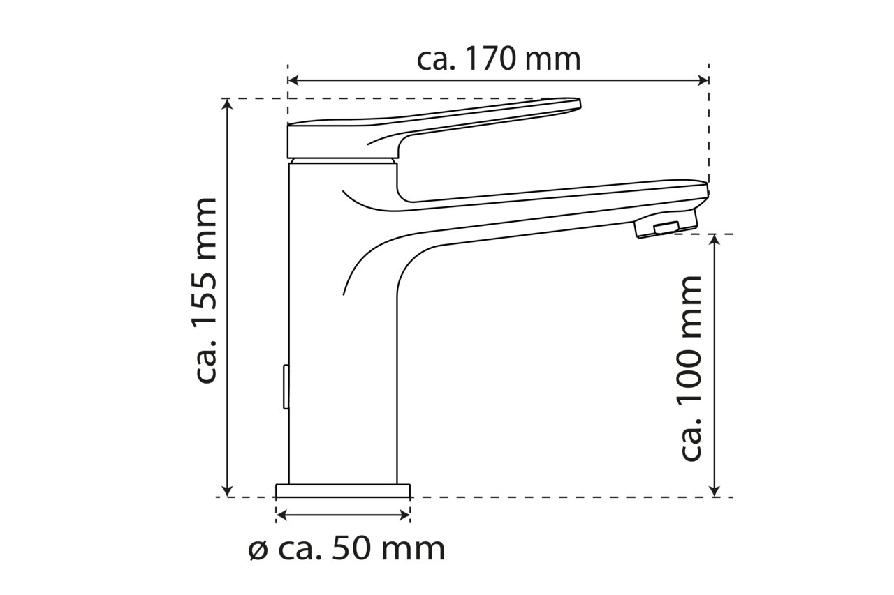Seitenansicht einer Waschtischarmatur mit den Maßen: Höhe ca. 155 mm, Ausladung ca. 170 mm, Auslaufhöhe ca. 100 mm, Sockeldurchmesser ca. 50 mm.