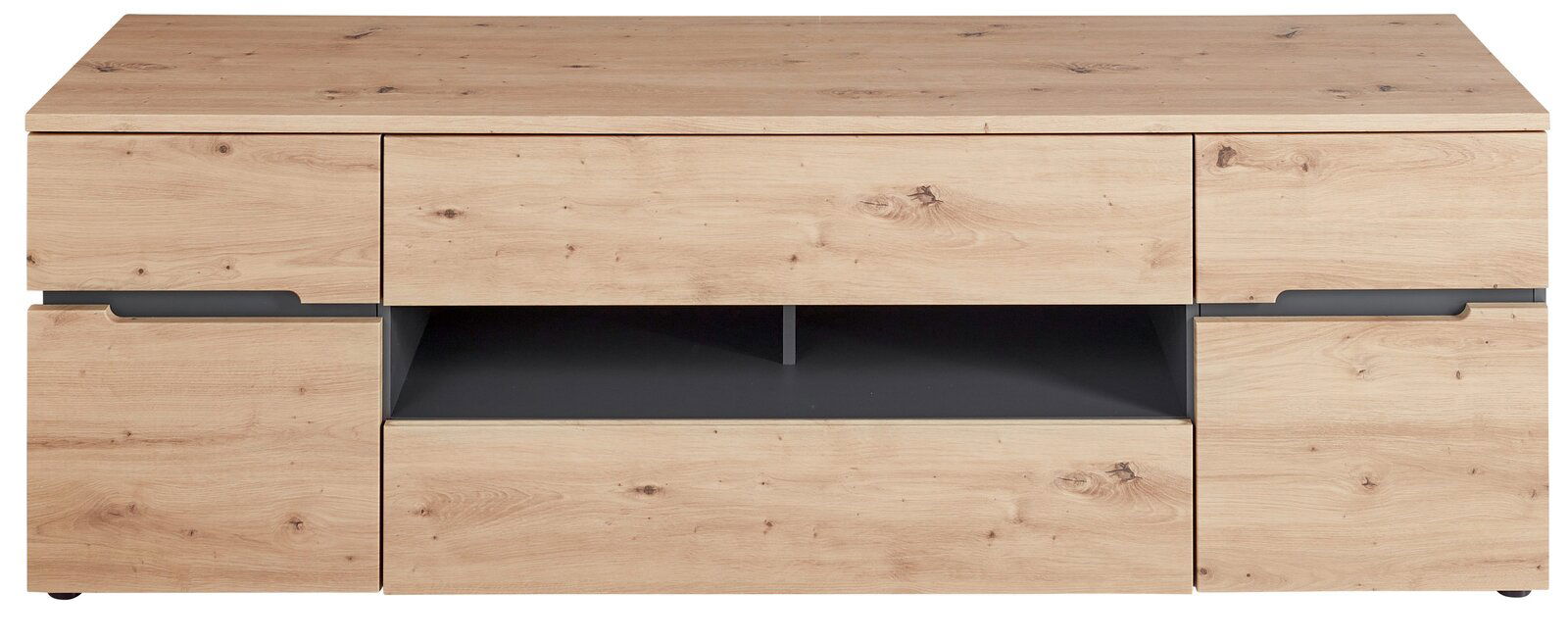 TV-Lowboard aus hellem Holz mit Schubladen und offenen Fächern, frontale Ansicht