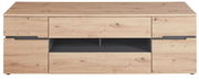 TV-Lowboard aus hellem Holz mit Schubladen und offenen Fächern, frontale Ansicht
